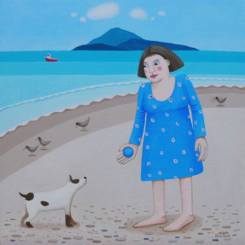 "Wee Blue Ball" Woman and dog on beach medium giclee print