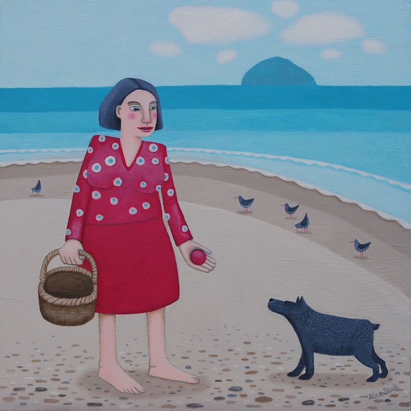 "Wee Red Ball" Medium print of a girl on the beach with her dog