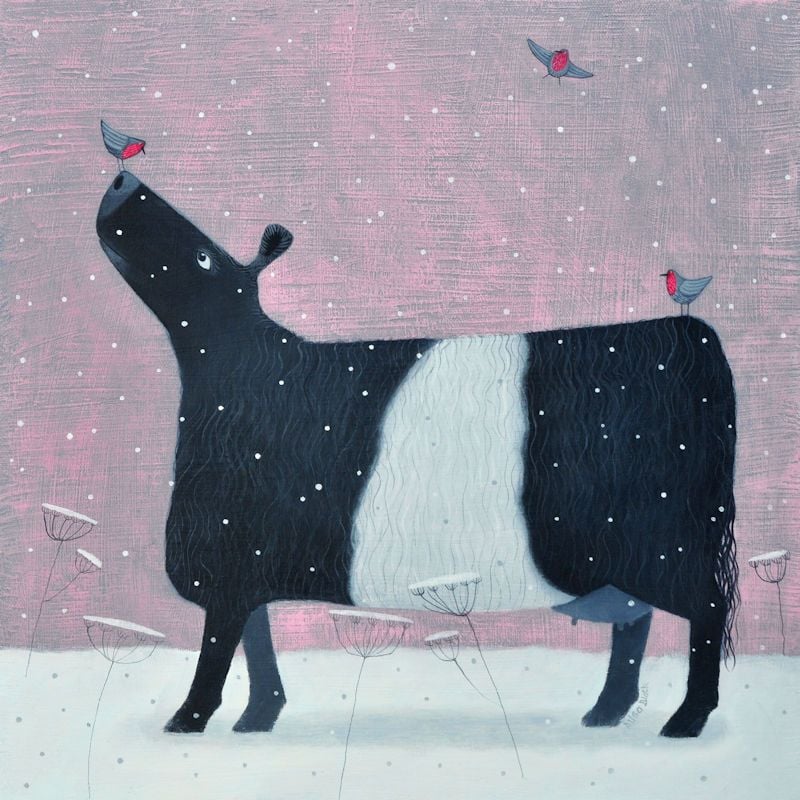 "Whispers of Robins" Belted Galloway medium snow scene giclee print