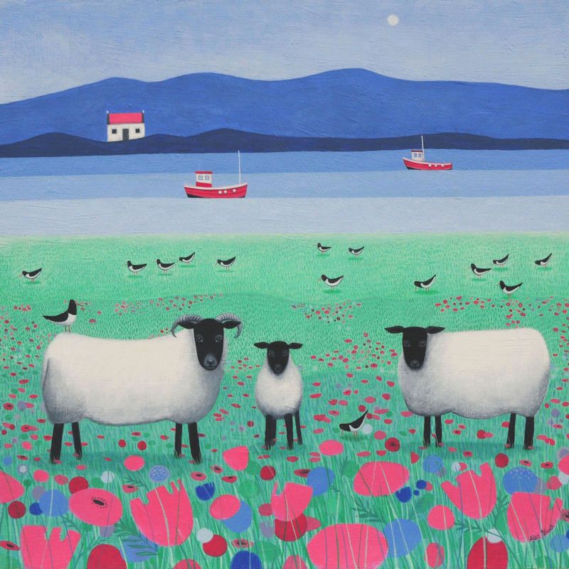 "Woollit Wanderers" Black faced sheep in pink flowers medium print