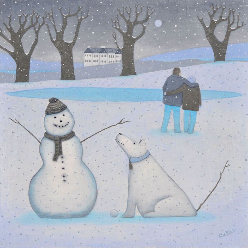 "A Dog called Patience" Mini giclee print of a snowman and his snow-dog