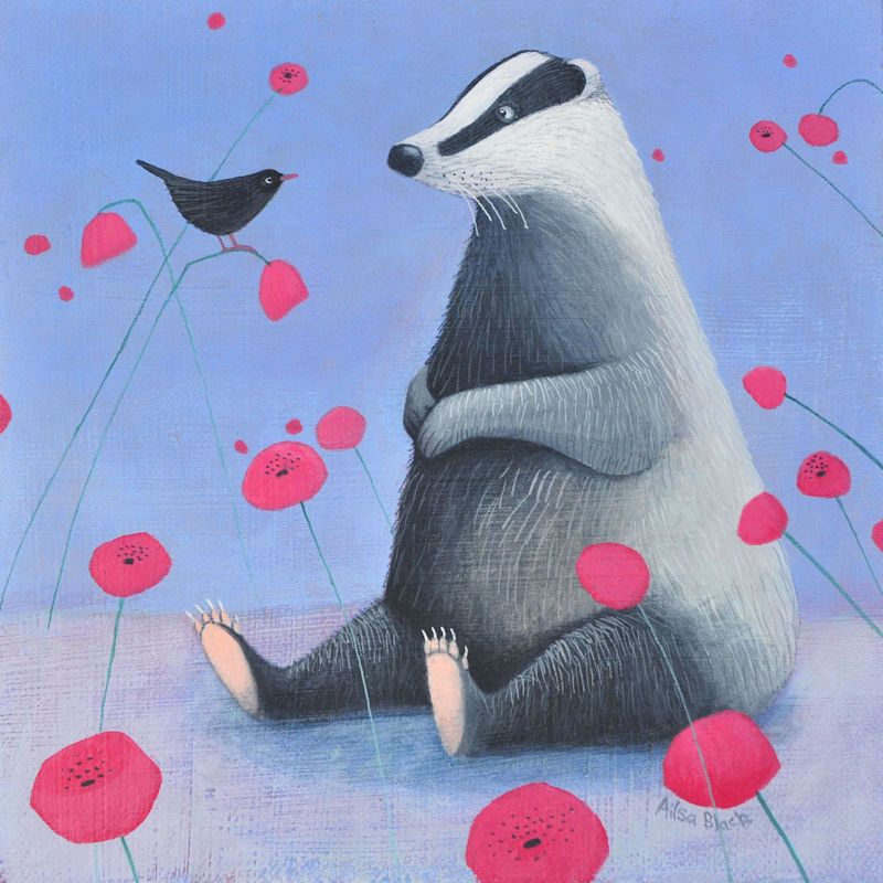"Badger on Blue" Badger print with poppies - mini fine art print
