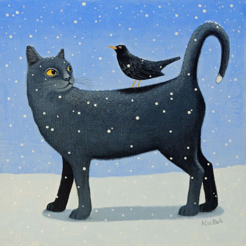 "Black Cat's Tale" A black cat print with and a blackbird in the snow