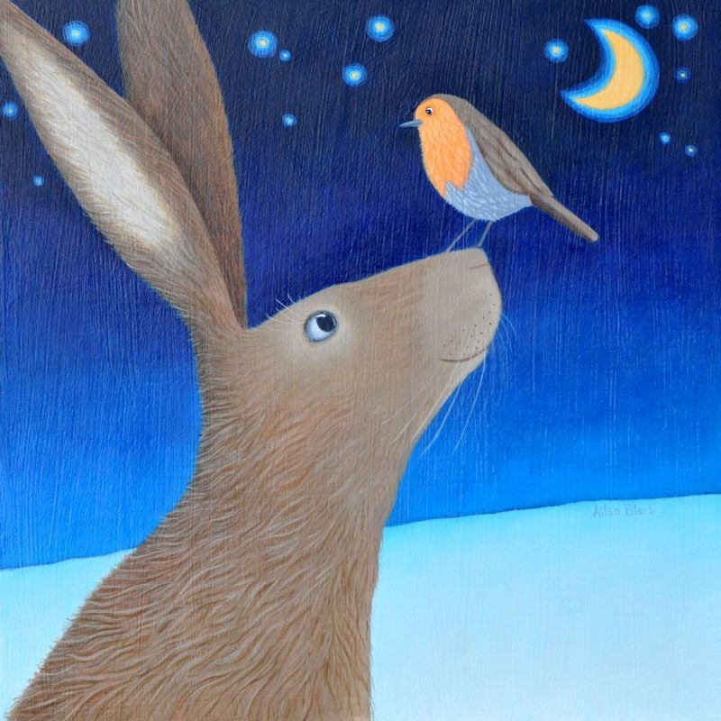 "By the Light of the Moon" Hare and robin mini print