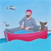 "Hairy Helmsmen" Man and chocolate labrador in boat mini giclee print