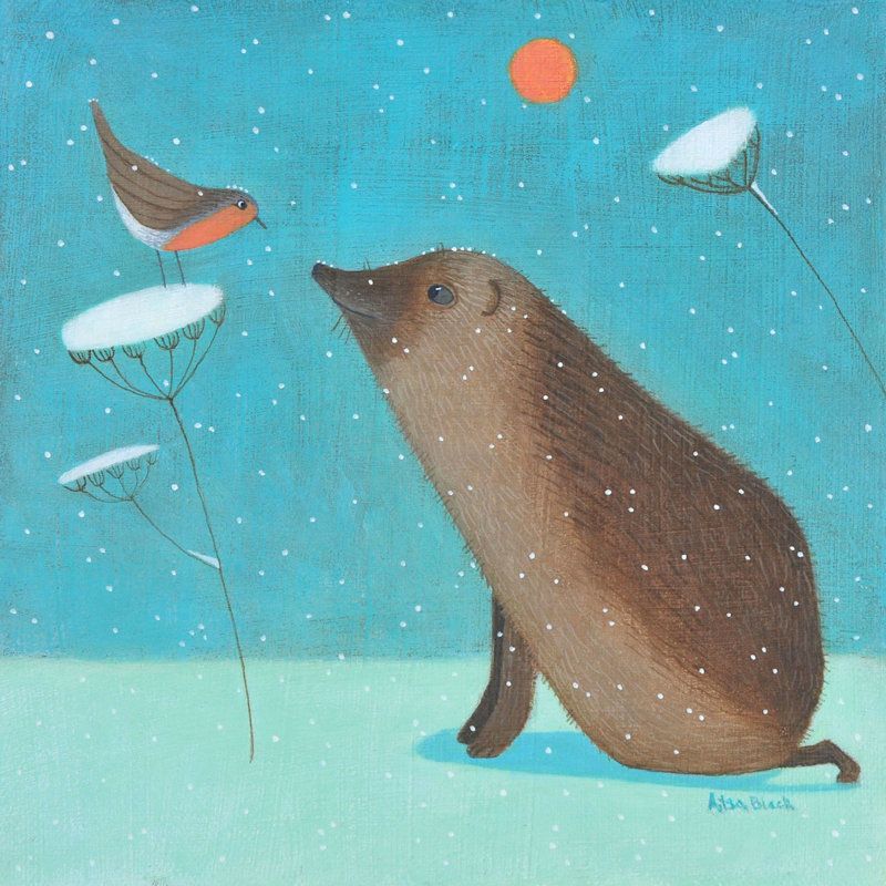"Hedgehog of Happiness" Hedgehog and robin in the snow mini print