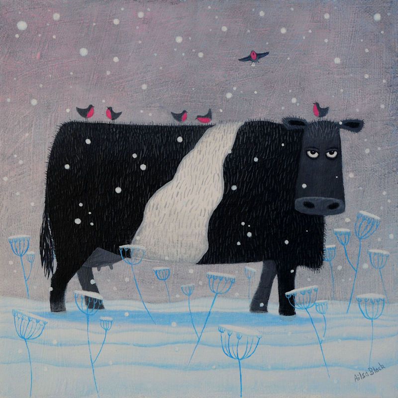 "One more wee one" Mini print of a Belted Galloway cow in the snow
