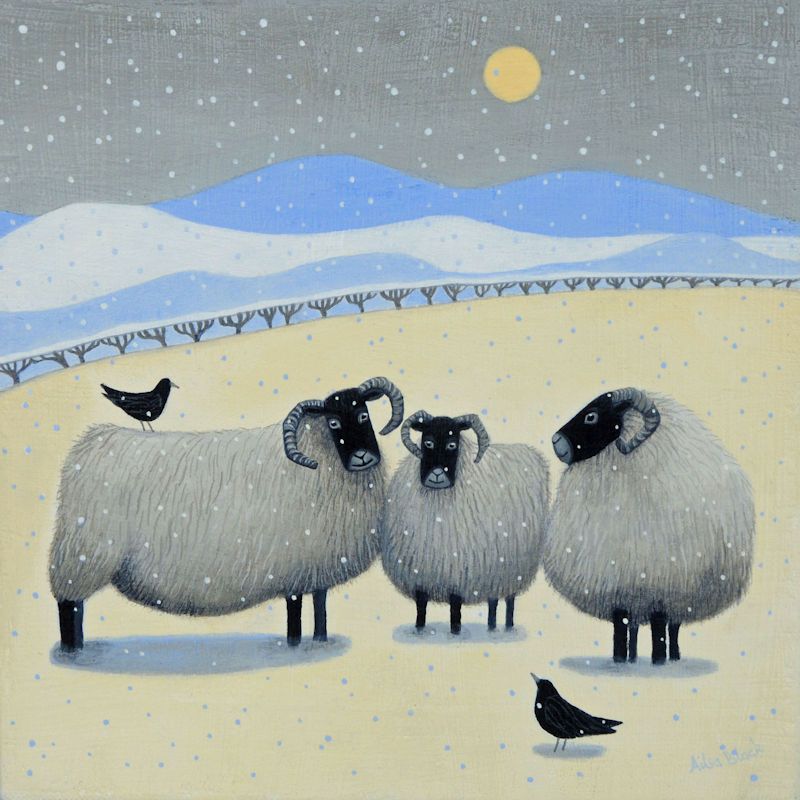 "Sheepie Blethers" Black faced sheep in the snow mini fine art print 