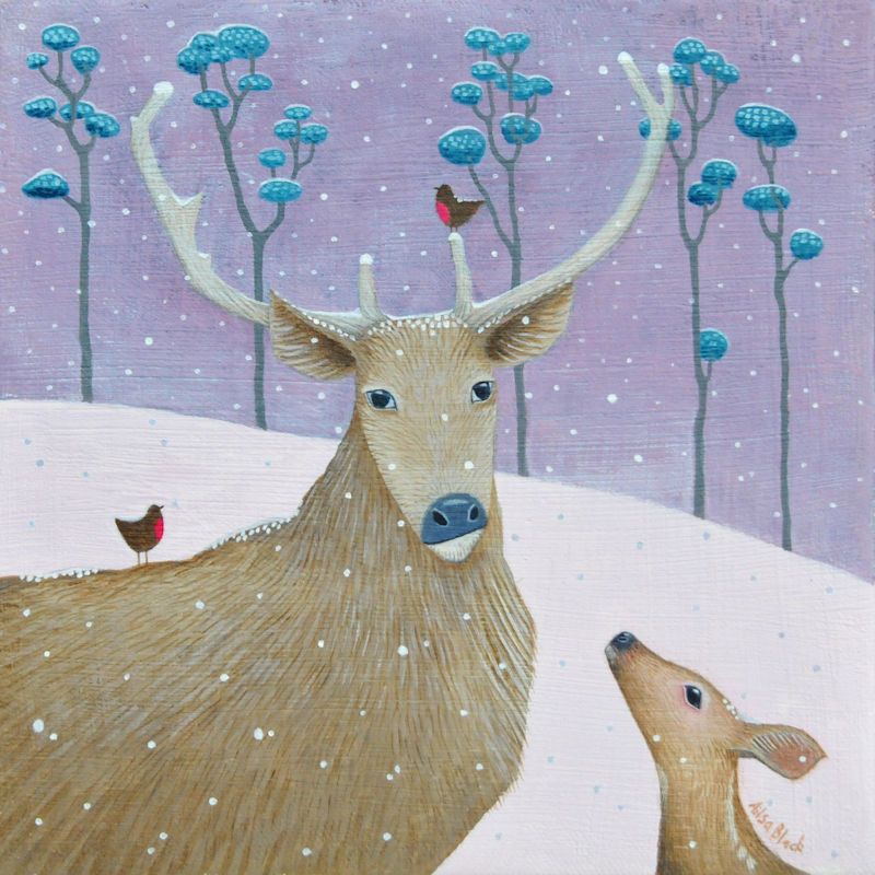 "Sno Dear" Mini print of a red deer and it's fawn in the snow 