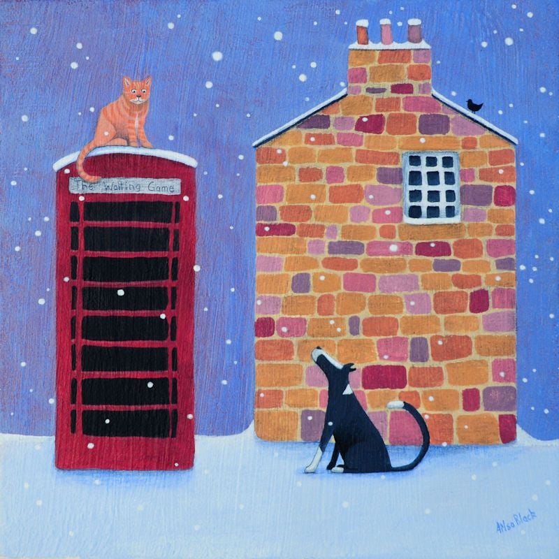 "Waiting Game" Cat and dog mini art snow scene print 