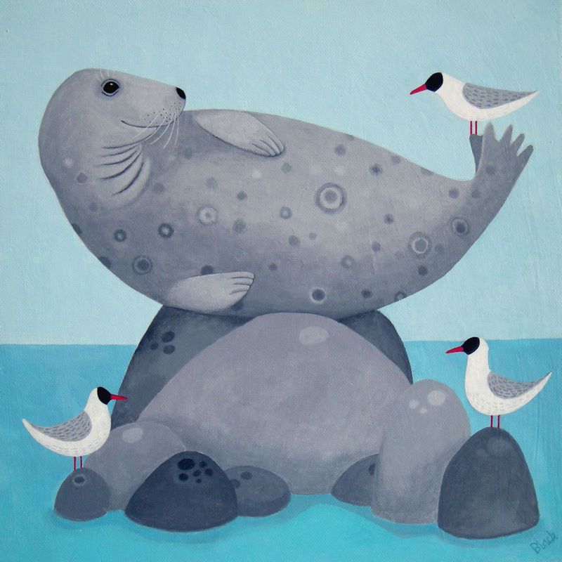 "Where-a-bouts the fishes" Seal on a rock with seabirds mini print 