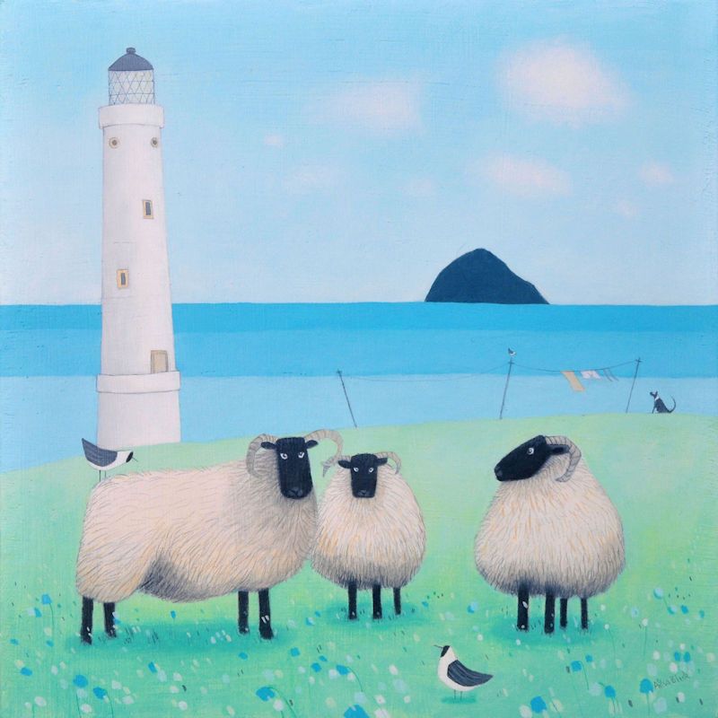 "Wind on Wool" Black faced sheep and lighthouse mini print