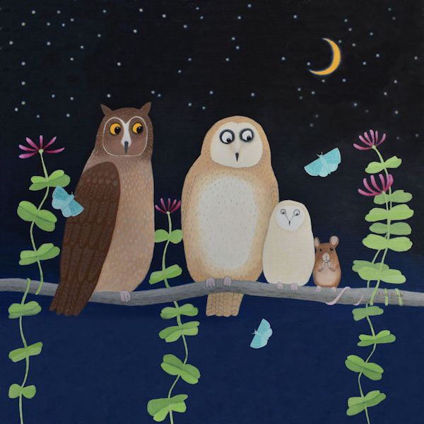 A humorous painting of a mouse hiding on a branch among a flock of owls.