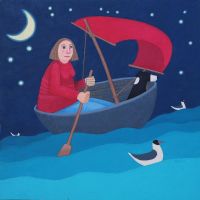"Moonlit Escapade" Collie in a coracle with lady card