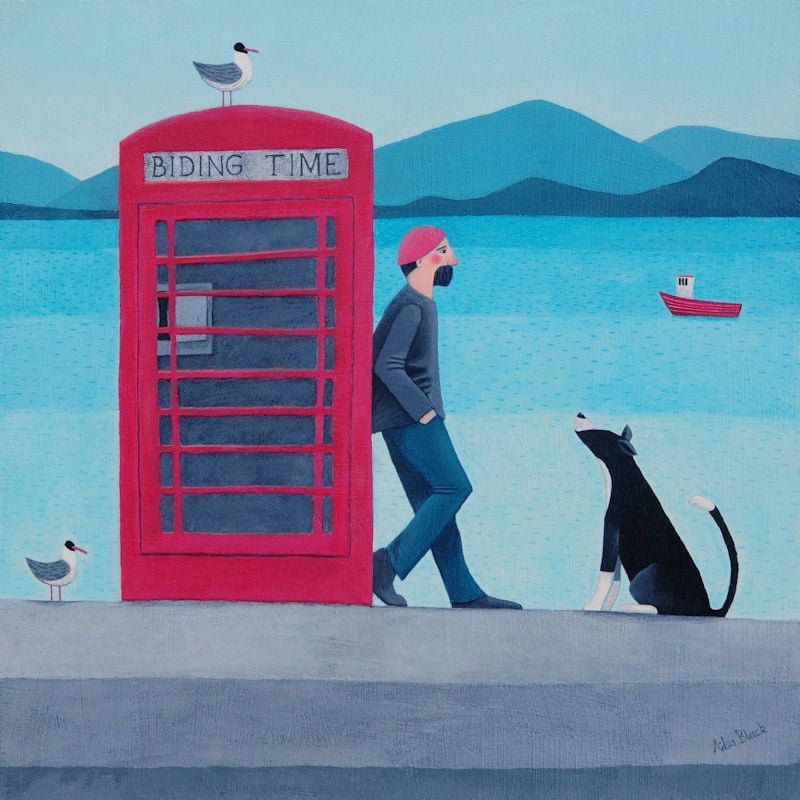 "Biding Time" Card with red telephone box, man and collie dog