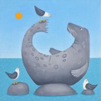 "Born to Fish" Art card with seal and seagulls