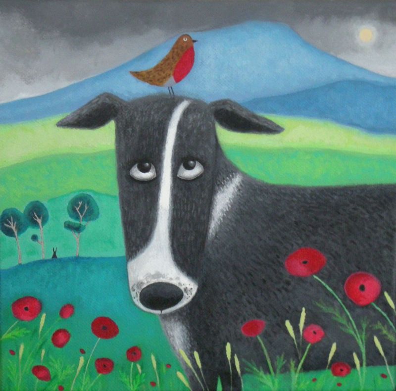 "Burd on the Bonce" Border collie dog with robin greetings card