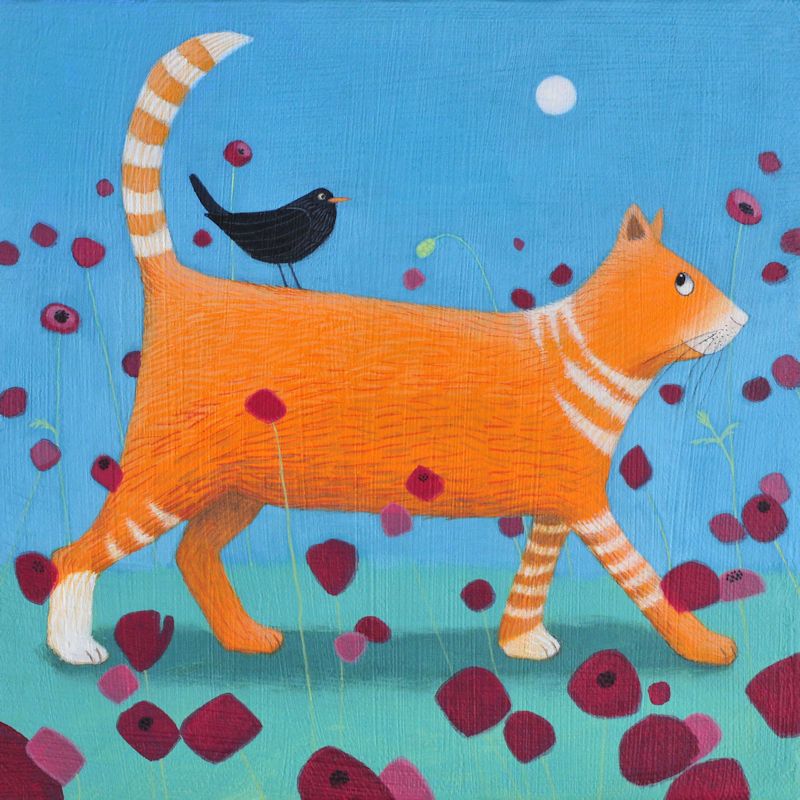 "Day Tripper" Card with orange cat and blackbird
