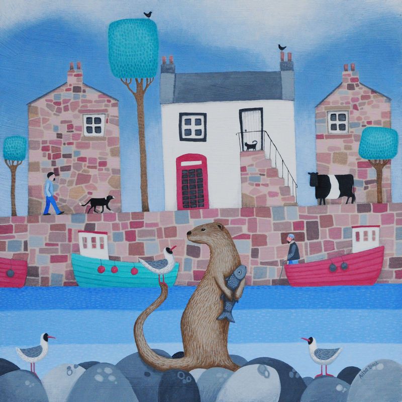 "Fish for Supper" Card with otter in a harbour