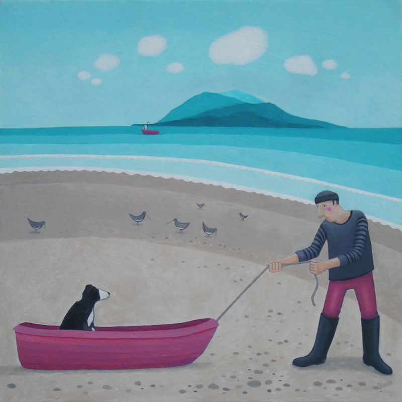 "Follow my Master" Card with collie dog and man on the beach