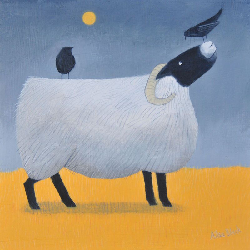 "Song on Yellow" Black faced sheep and jackdaws card