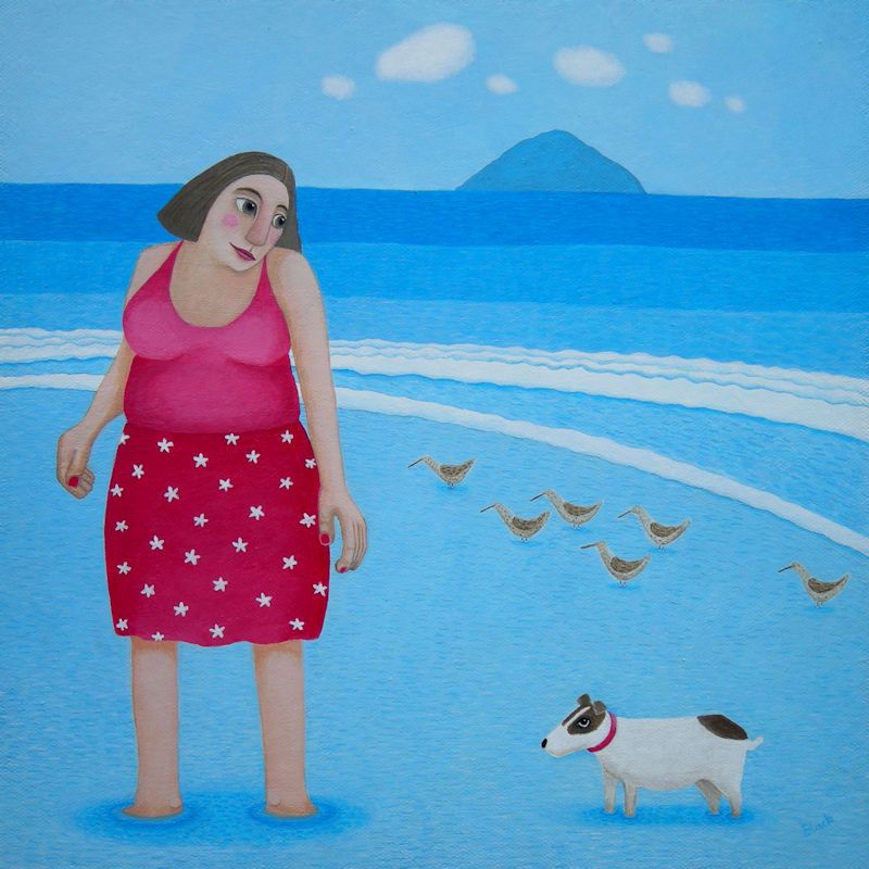 "The Reluctant Paddler" Lady and jack russel on the beach card
