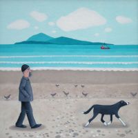 "Wee Red Boatie" Man and dog on the beach card