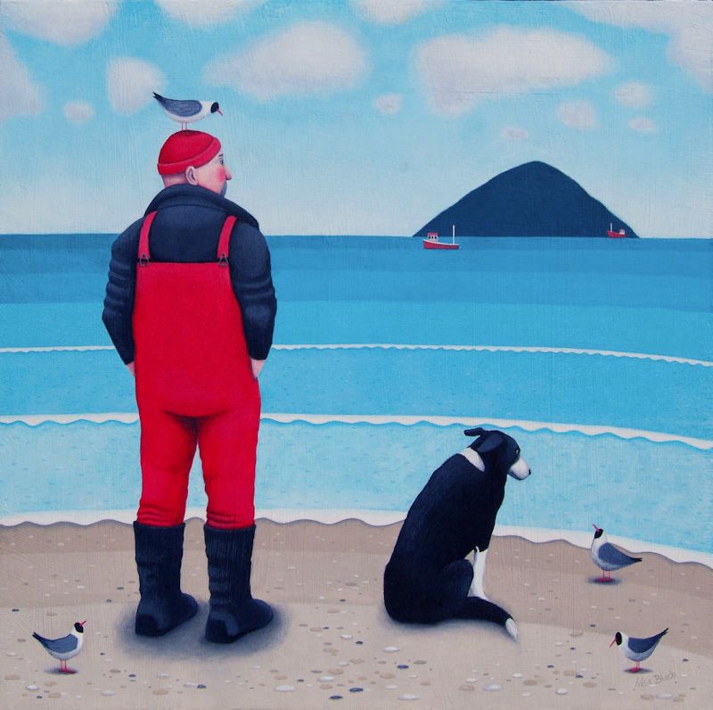 "High Expecatations" Man and collie dog on the beach mini giclee print