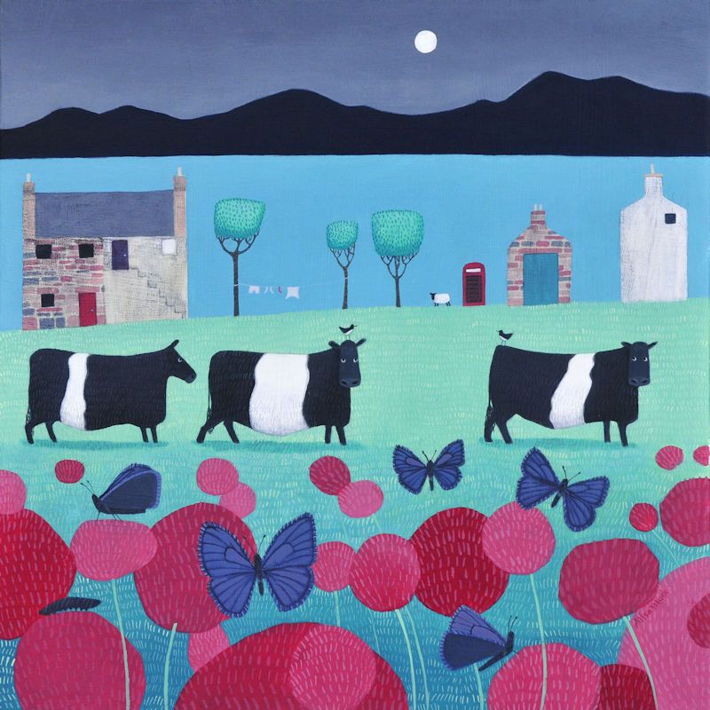 "Flutterbies and Belties" Large Belted Galloway cow art print based on the Galloway coast and countryside