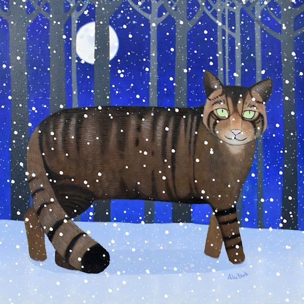 A painting and illustration of a Scottish Wildcat in the snow.