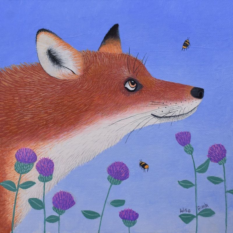 "Watching" blank art card of a fox and bumblebees