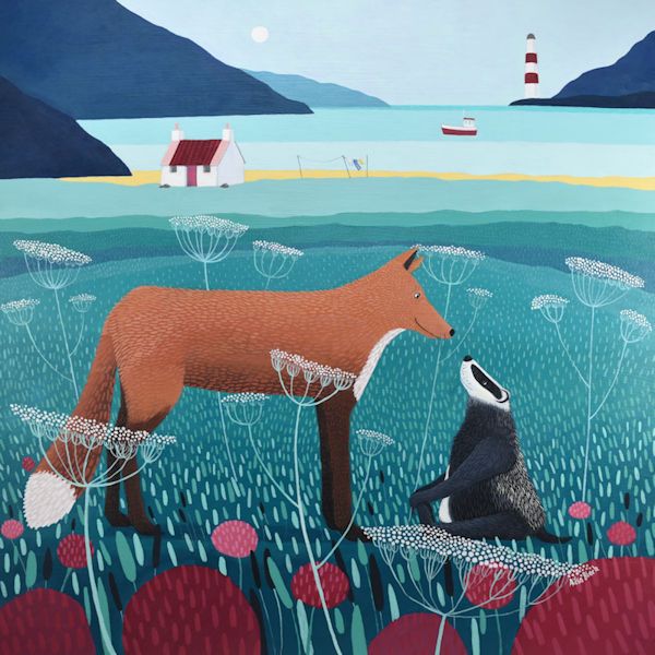 an illustration and painting of a fox and a badger by ailsa black