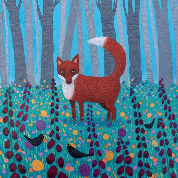 A colouful painting of a fox standing among foxgloves an example of contemporary Scottish Art from Ailsa Black Scottish Artist.