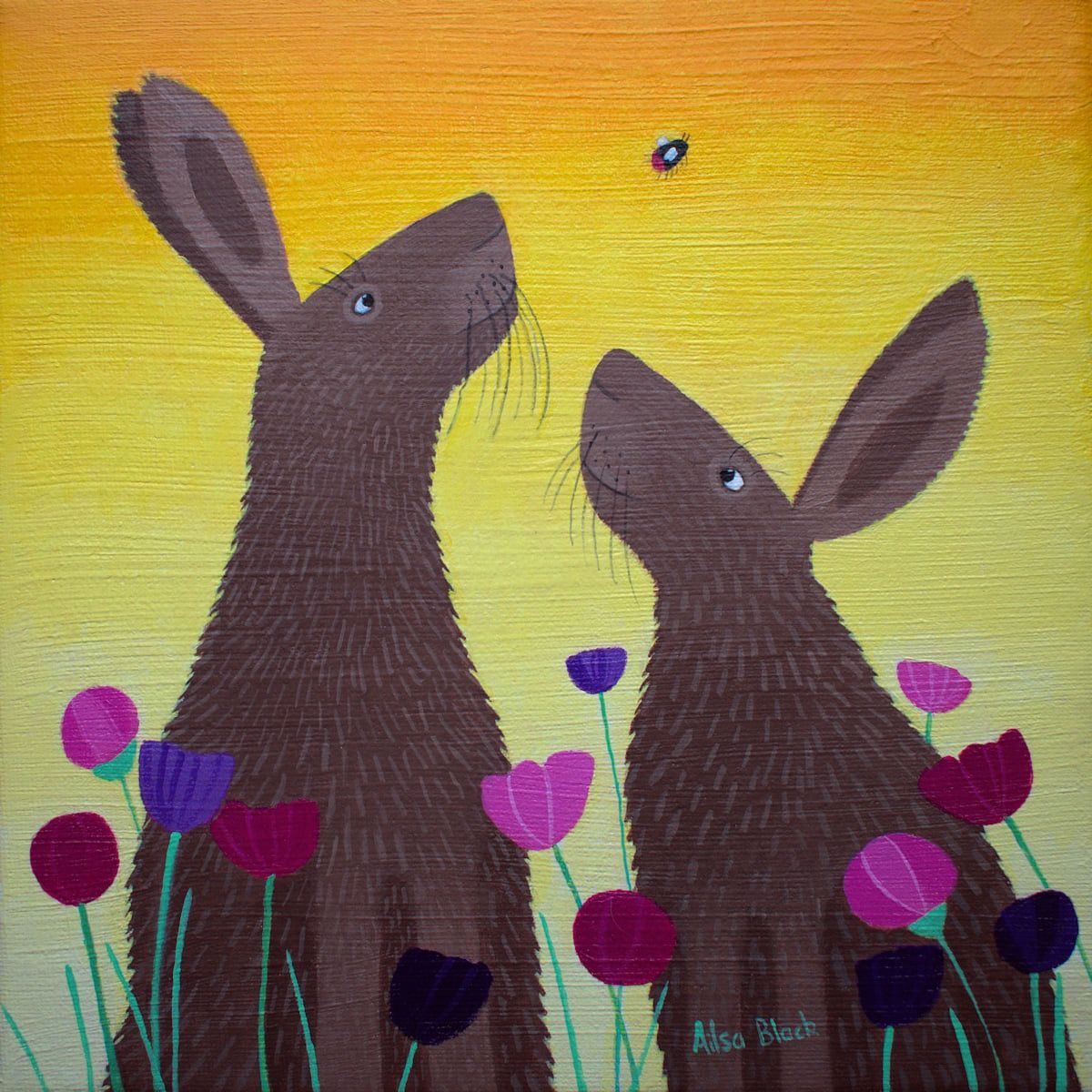 An original painting of two hares and a bee.