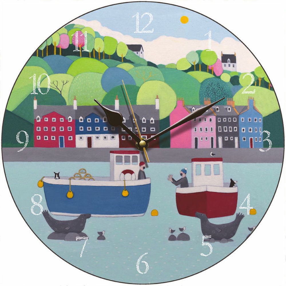 "The One That Got Away" Colourful Decorative Coastal Wall Art Clock of a Coastal Village