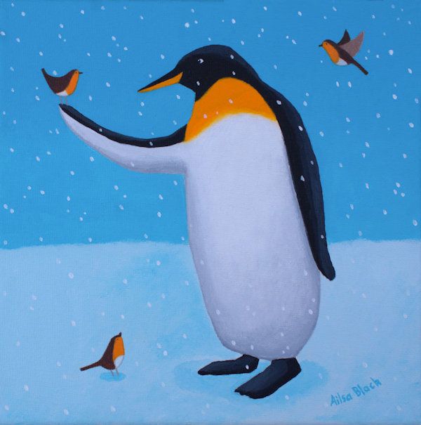 Festive penguins painting for sale