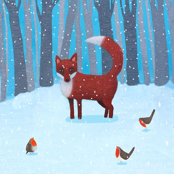 A snow scene painting of a fox and robins