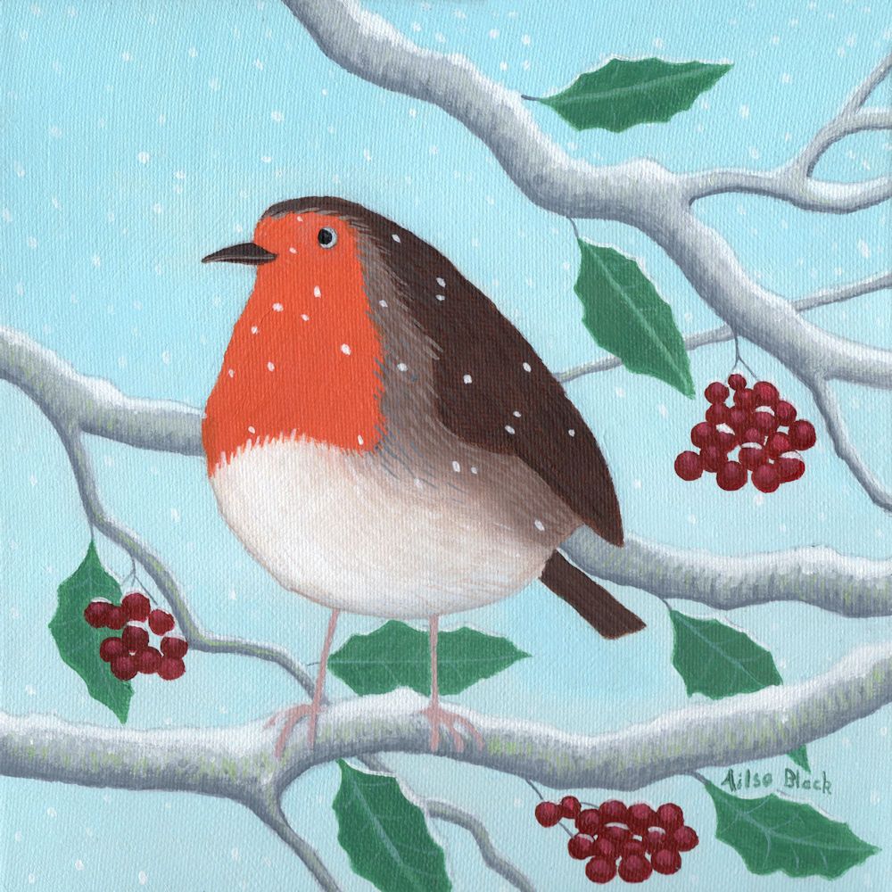 Buddy  a painting of a robin in the snow from Scotland