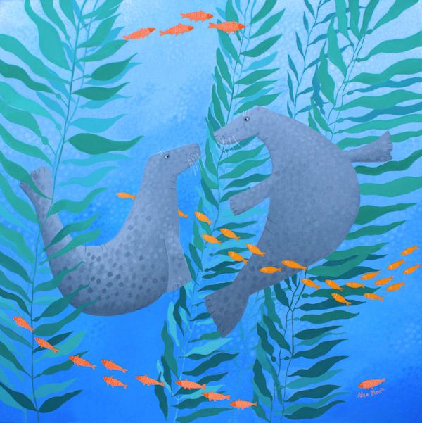 A painting of two seals kissing underwater