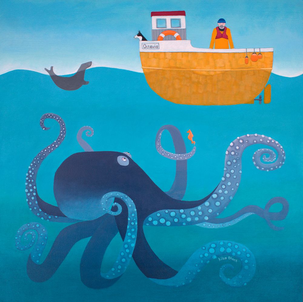 "Octavia" Fishing boat and octopus blank greetings card