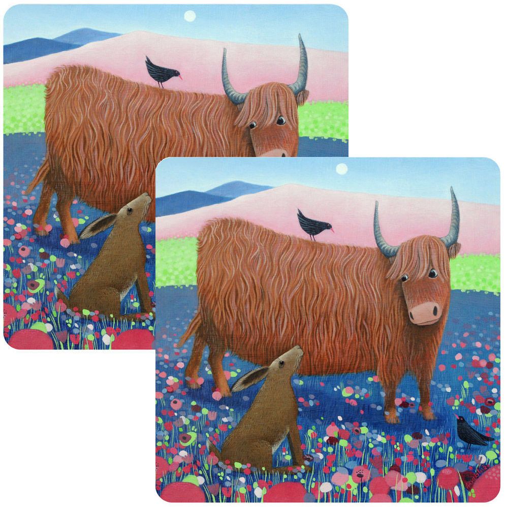 "Hearty Hare" Highland Cow Set of 2 Coasters