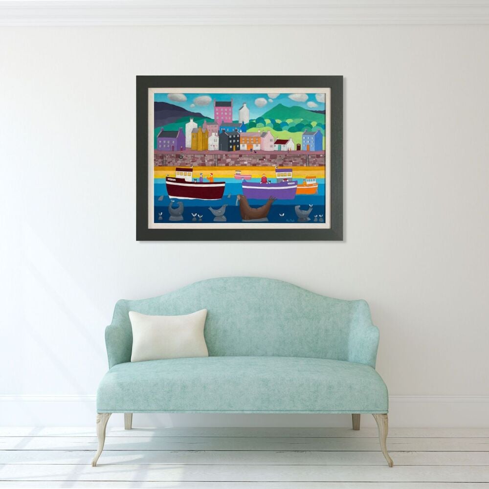 Colourful painting of a Scottish harbour scene with boats, people and a wal