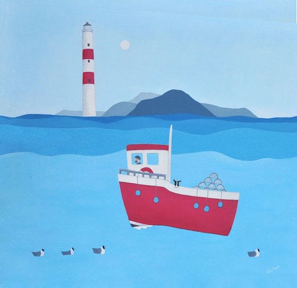 Red fishing boat painting