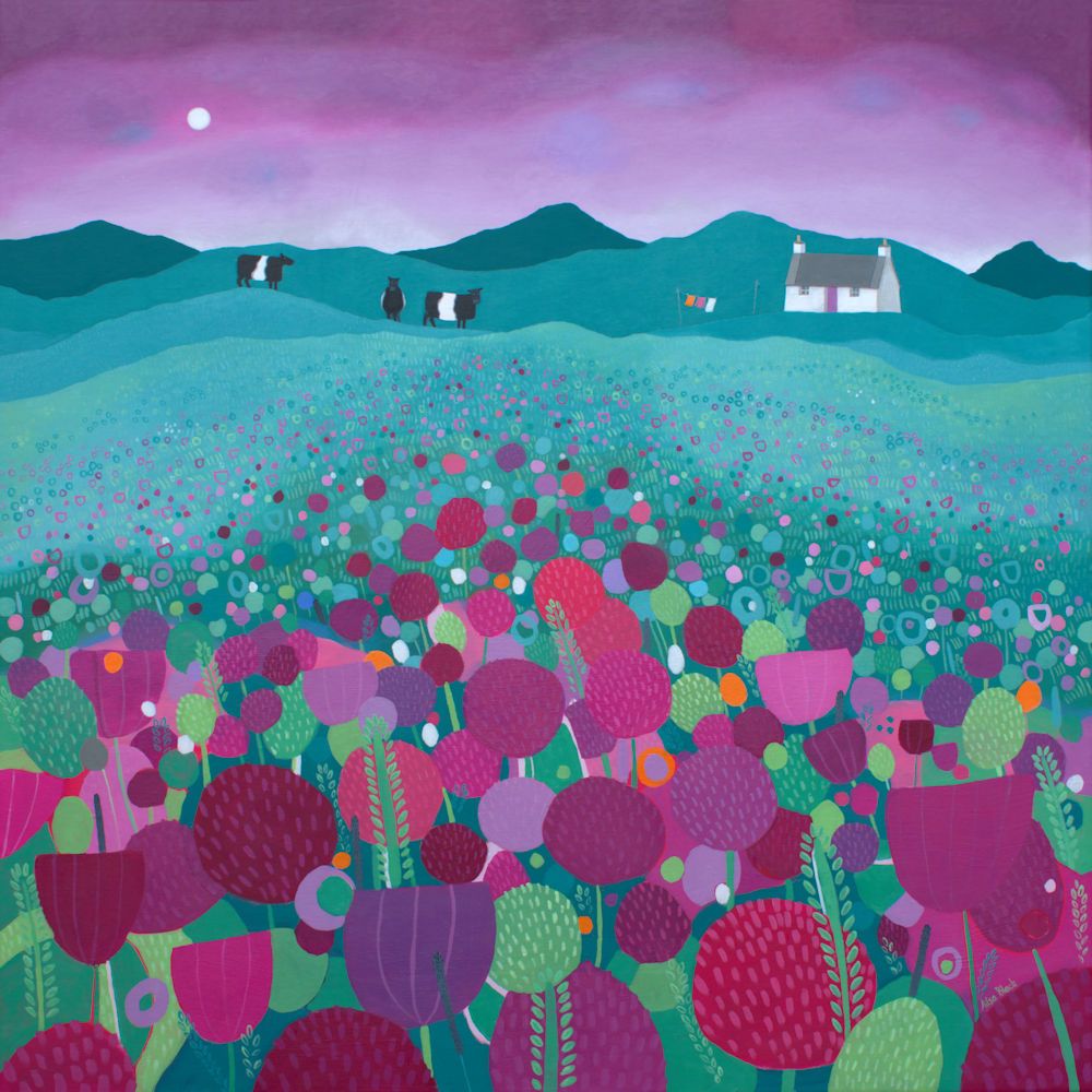 "Underneath a Purple Sky" Belted Galloway Cattle  in a field of colourful flowers mini print