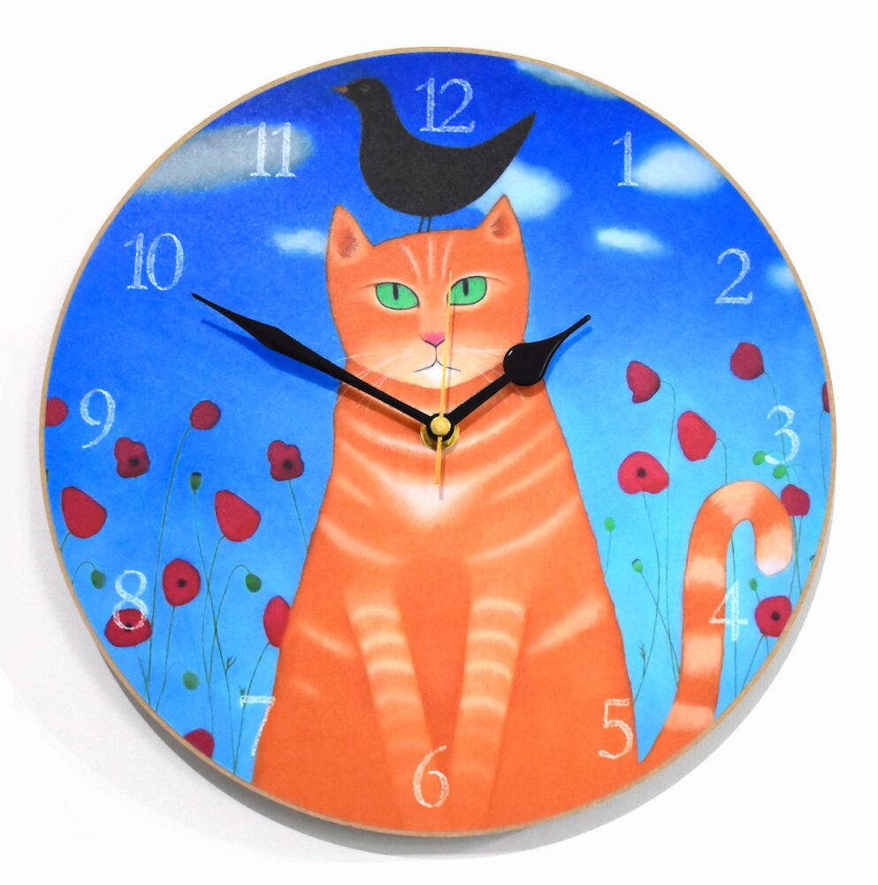 "Burd? Whit Burd?" Colourful Tabby Cat Art Wall Clock