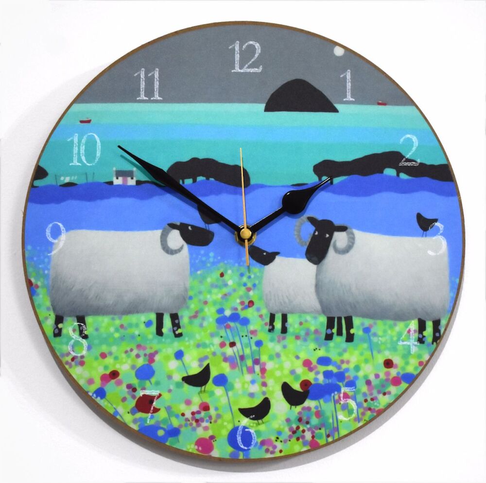 "Fleecies in Flowers" Colourful Black Faced Sheep Clock