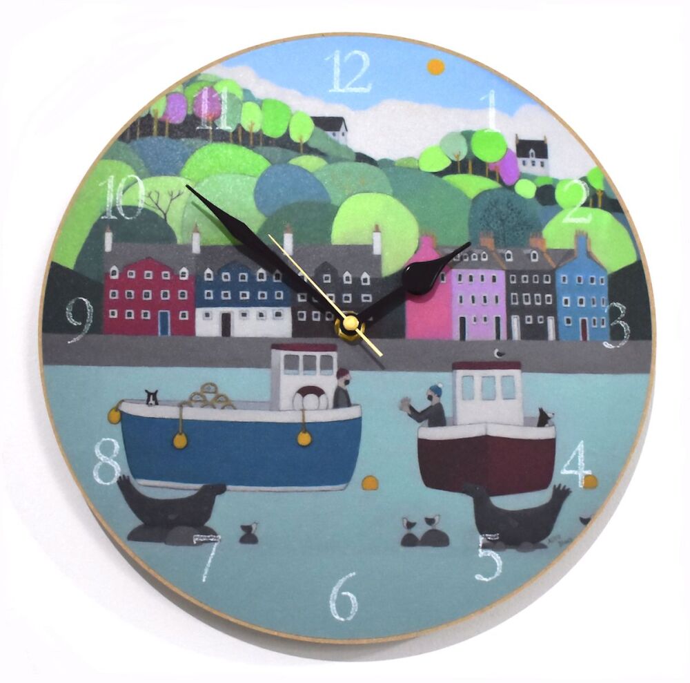 "The One That Got Away" Colourful Decorative Coastal Wall Art Clock of a Coastal Village