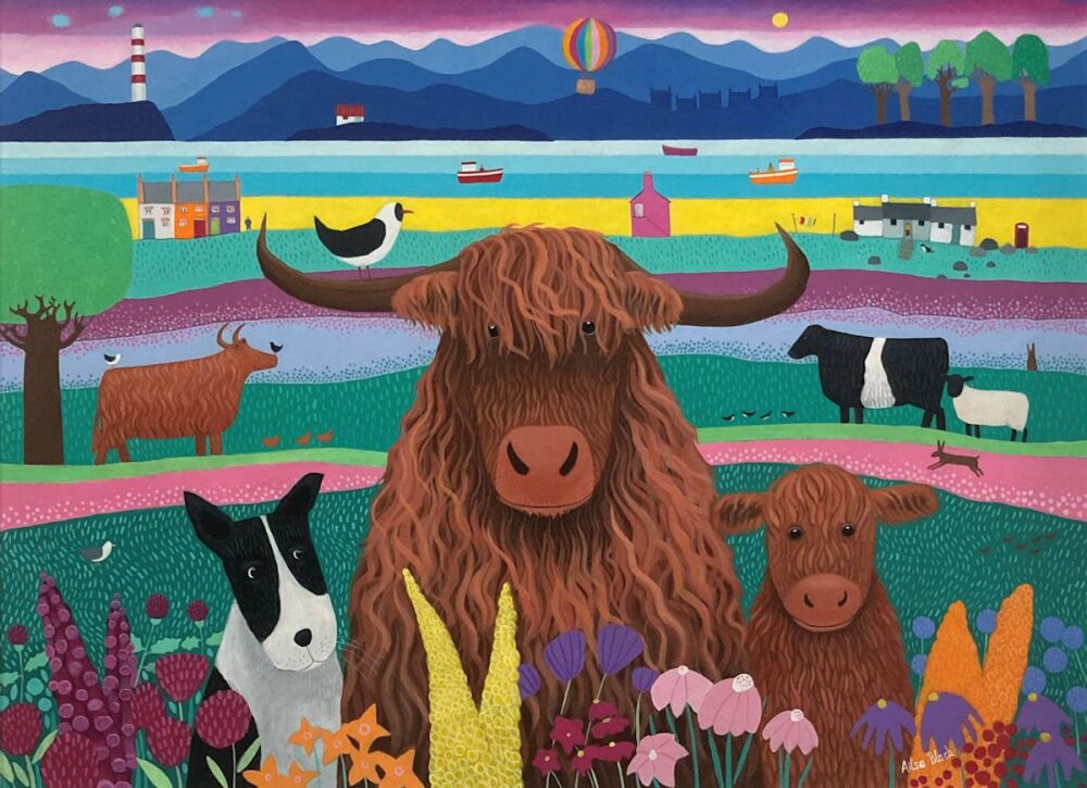 "Heads Up" Original Colourful Scottish Highland Cow Acrylic Painting