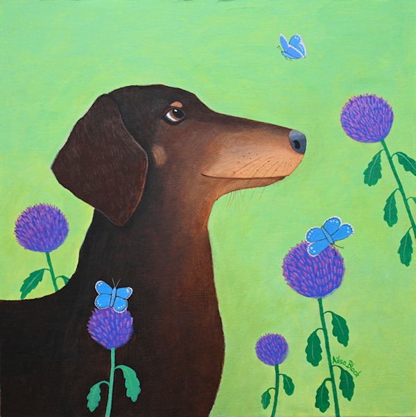 A  minature Daschund painting with butterflies