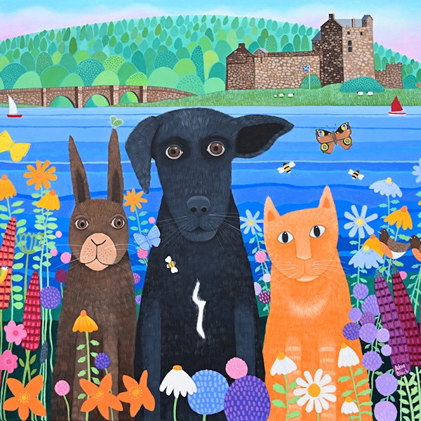 A dog, cat and hare sit in wildflowers in front of Eilean Donan Castle